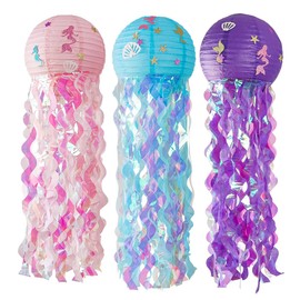 ZYOOO 3pcs Jellyfish Paper Lanterns,12in/30cm Round Hanging Lanterns for Mermaid Party,Birthday Party,Home Decoration for Kids,Girls,Ocean Lovers(Purple,Blue,Pink)