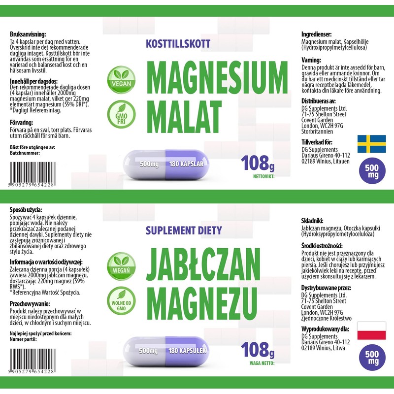 Magnesium Malate 2000 mg per serving 180 vegan capsules, laboratory