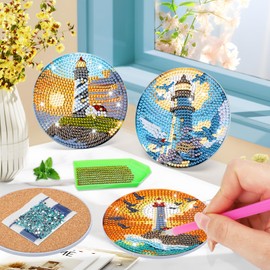 Lxmsja 8 Pieces Diamond Painting Coasters Lighthouse with Holder, Diamond Painting Landscape, Diamond Painting Pictures Adults, Diamond Cup Coasters with Cork, Craft Creative Set for Adults