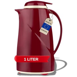 Helios Wave Push Thermos Flask Red 1 L - 6 Hours Hot - Keeps Drinks Warm & Cold - Easy One Hand Operation - Dishwasher Safe - Ergonomic Handle