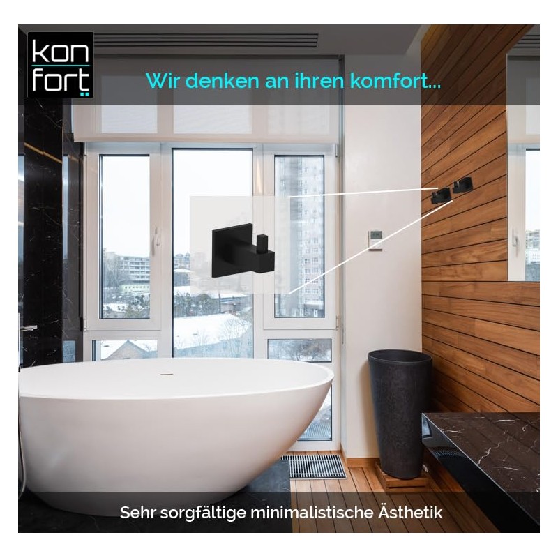 Kon-fort Home Towel Hooks Black Square Bathroom and Kitchen Set