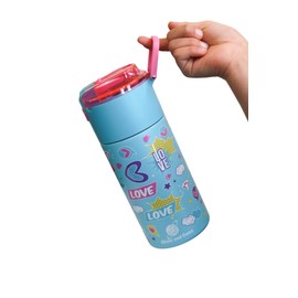 Oliver and Owen Kids insulated water bottle with straw and snack cup. Double wall stainless steel 14oz (Bright Sky blue and hot pink love)
