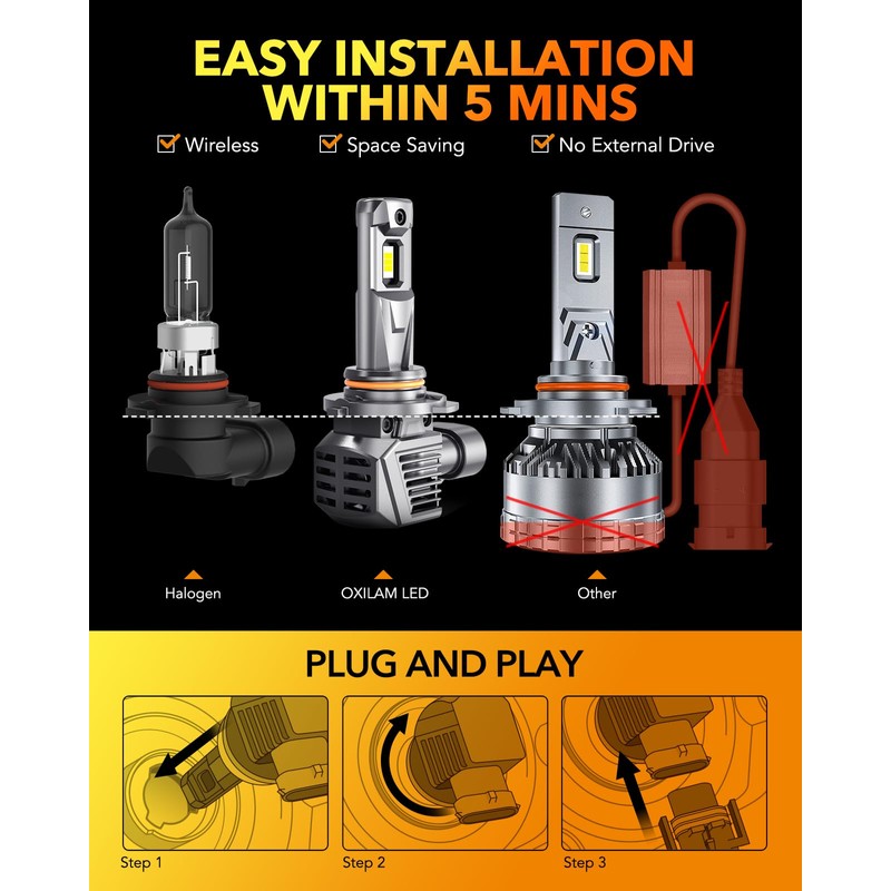 OXILAM 9005 9006 LED Bulbs, 900% High Brightness HB3 HB4