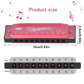 vesaneae 10 Holes Diatonic Harmonica C, C Major Blues Harmonica, 10 Holes 20 Tones Mouth Organ with Case for Professional Player Beginner Teacher Teaching Student Adult Kids (Rose Red)
