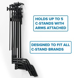 C Stand Wall Mount Bracket - Rack Wall Storage - Light Stand Bracket - Holds 5 C Stands - Heavy Duty Steel Production Hanger - Studio Organizer