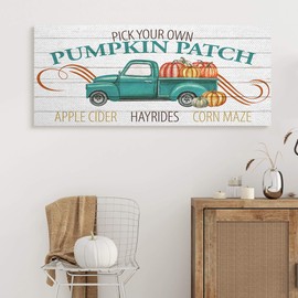 Stupell Industries Turquoise Truck Autumn Harvest Pumpkin Patch Sign, Designed by Kim Allen Canvas Wall Art, 17 x 40, Off-White