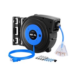DEWENWILS Heavy Duty Cord Reel, 40FT Retractable Extension Power Cord, 12AWG/3C SJTOW, 3-Lighted Triple Outlets, 15A Circuit Breaker, Wall/Ceiling Mounted, Adjustable Stopper UL Listed, Blue