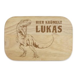 Personalisiertes Frühstücksbrettchen "Dinosaurier" Motiv, Ihr Text mit Laser in Gummibaum Hartholz eingebrannt, 23x15cm, Geschenk für Kinder