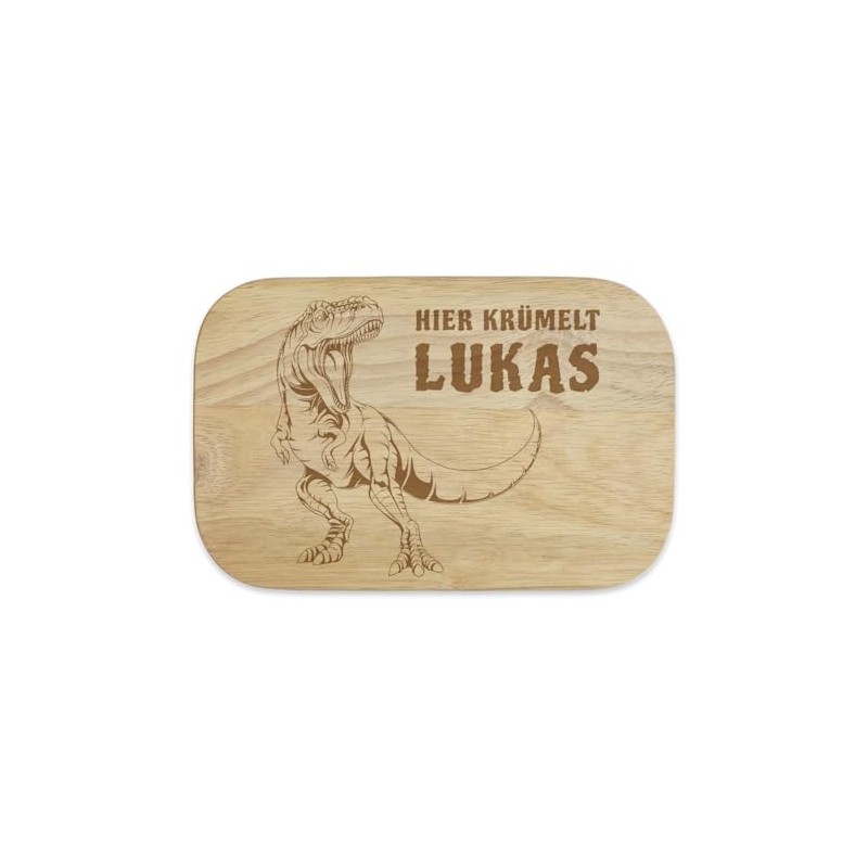 Personalisiertes Frühstücksbrettchen "Dinosaurier" Motiv, Ihr Text mit Laser in Gummibaum