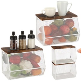 Teenyyou 2 Pcs Stackable Mesh Fruit Basket with Lid Wall Produce Vegetable Storage Basket Onion Potato Hanging Metal Wire Container for Kitchen Counter Pantry(Non-removable,White,7.1"w & 11.8"l)