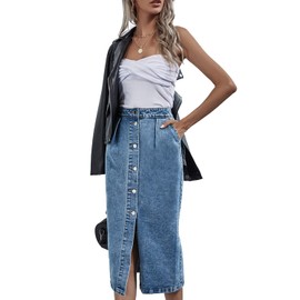 NIGHTMISS Womens High Waisted Washed Button Front Denim Long Skirt Midi Length A Line Denim Jean Pencil Skirt(BE592-M)