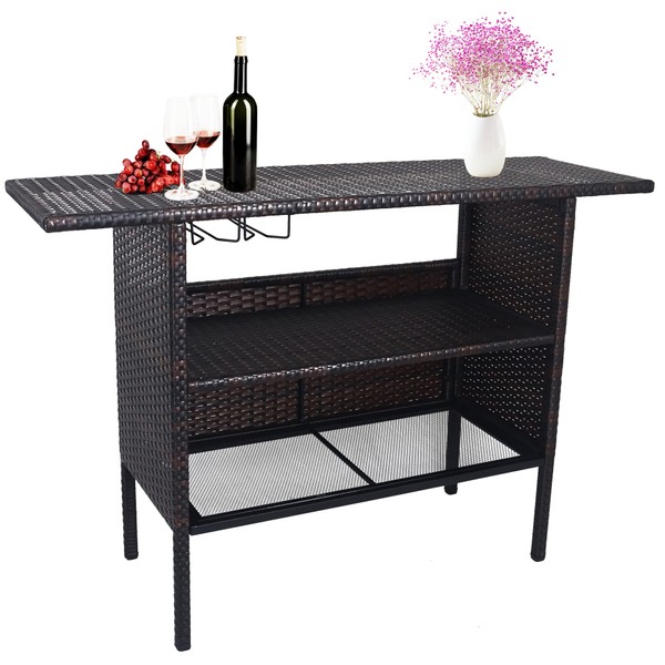 BalanceFrom Outdoor Patio Wicker Bar Counter Table Backyard Furniture with Shelves and Rails