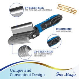 Fur Magic Deshedding and Dematting Tool – 2-in-1 Double-Sided Dog Grooming Brush for Long, Medium, Short Hair – Removes Knots, Loose Undercoat, Mats – Professional Pet Brush for Grooming Cats, Dogs
