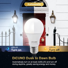 DiCUNO Dusk to Dawn Light Sensor Bulbs Outdoor, A19 LED Bulb Automatic On/Off, 9W 60 Watt Equivalent, 5000K Daylight White 800LM, Outdoor Lighting for Front Porch, 2 Pack