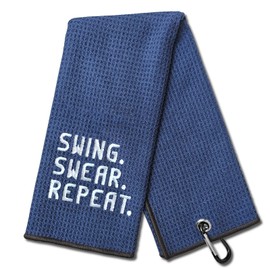 DYJYBMY Swing Swear Repeat Funny Golf Towel, Embroidered Navy Blue Golf Towels for Golf Bags with Clip, Golf Gift for Men Husband Boyfriend Dad, Birthday Gifts for Golf Fan, Funny Golf Lover Gift