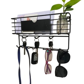 Key Holder for Wall Decorative, Entryway Key Hooks, Multi-Function Keys Holder Wall Mounted Key Rack with 7 Hooks, Metal Wire Mesh Basket Mail Holder, 12”Lx2.4”Wx6.7”H, Warm Message Area Design