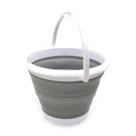 SAMMART 10L Collapsible Plastic Fishing Bucket - Foldable Round Tub with Handle - Portable Plastic Water Pail - Pop Up Saving Outdoor Waterpot (White/Grey)