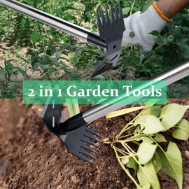 NICOFPHY Weed Puller Tool with Long Handle - 60" Manual Weeder Remover Tool, 2 in 1 Hand Weed Rake and Garden Hoe for Gardening, Heavy Duty Uprooting Weeding Pull for Yard, Lawn, Patio and Garden