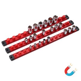 ALOANES Magnetic Socket Organizer Set, 3-Piece Heavy Duty Aluminum Socket Holder Socket Rail Organizer for Tool Box, 360° Swivel Clips Socket Rack 1/4, 3/8, 1/2-Inch x 40 Clips (Red)