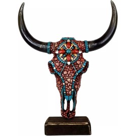 18"H Large Rustic Western Bull Cow Skull With Red Stones Cross Desktop Statue