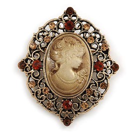 Vintage Inspired Filigree Amber/Citrine Crystal Oval Beige Cameo Brooch in Aged Gold Tone - 45mm Tall