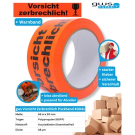gws Warning Tape Caution Fragile Hallway Orange PVC Strong Packaging Tape in Professional Quality Warning Tape Parcel Tape 50 mm x 66 m (1 Roll)