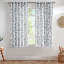 Vangao Linen Blend Floral Curtains for Living Room 63 Inch Length Toile Blue and White Drapes French Country Back Tab Light Filtering Printed Bedroom Decor Rod Pocket Window Treatments 2 Panels Set