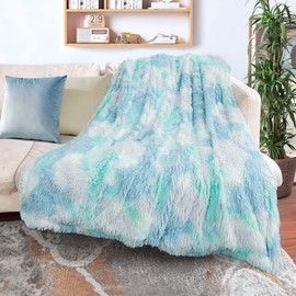 Tuddrom Decorative Extra Soft Faux Fur Throw Blanket,Solid Reversible Fuzzy Lightweight Long Hair Shaggy Blanket,Fluffy Cozy Plush Fleece Comfy Microfiber Fur Blanket for Couch Sofa Bed,Tie Dye Blue