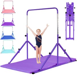 MARFULA Foldable Gymnastic Bar for Kids Ages 3-12, 9 Height Levels, 200 lbs Weight Capacity, 5 Ft Length Gymnastic Kip Bar with Mat, Gymnastic Equipment for Home and Gym Center Indoor Outdoor Use