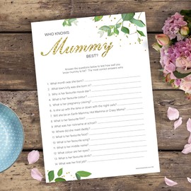 20 x Who Knows Mummy Best Baby Shower Game from Olivia Samuel - Botanicals Design (20 Guest Cards + 1 Card of Answers for The Host + Winner's Certificate)
