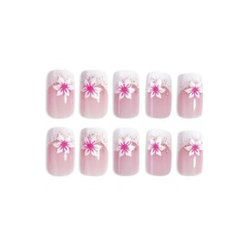 SINHOT Medium Press on Nails Square Fake Nails Flower Acrylic Nails Glossy Glue on Nails White Glitter Gradient Squoval Artificial Nails Stick on False Nails with Design 24 pcs