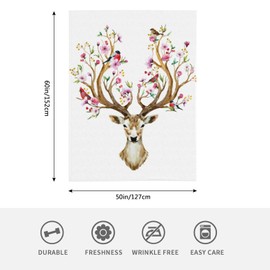 HGOD DESIGNS Watercolor Deer Big Antlers Flowers and Birds on the Horns Throw Blanket Soft Warm Lightweight Blanket for Women Birthday Christmas, Home Living Room Decor 130x150cm