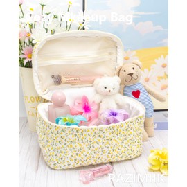 PAZIMIIK Quilted Makeup Bag Large Travel Zipper Soft Cosmetic Case for Women Girls Make Up,Floral Yellow