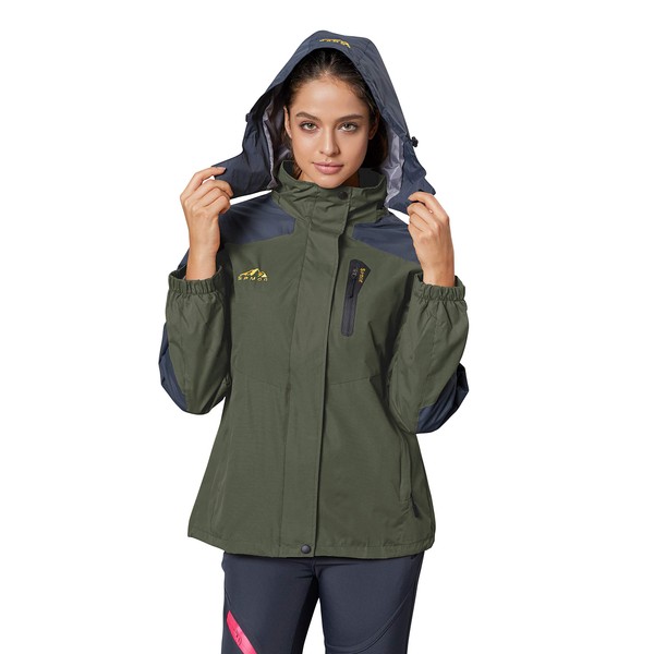 Spmor Women's Waterproof Rain Jacket Windproof Breathable Hooded Windbreaker Coat Army Green Medium