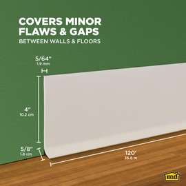 M-D Building Products 4-Inch x 120-Feet Dry Back Vinyl Wall Base, Flexible Dry Back Vinyl Trim with Toe - Easy Install Molding Trim for Floors, Baseboards, Bulk Roll, Almond (75481)