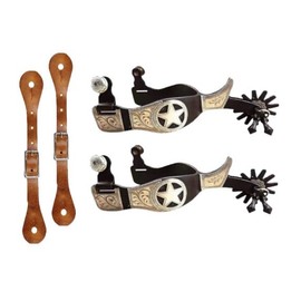 MORECP Horse Spurs Pair with Leather Spurs Belt, Antique Brass Western Style Spurs for Men and Women, Hand Carved Silver Spurs for Horseback Riding, Equestrian Competition MP04