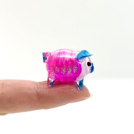 Sansukjai Rare Pig Micro Tiny Figurines Hand Blown Glass Art Animals Collectible Gift Home Decor#1 (Pink Blue)