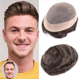 HAPPY&CC Durable Toupee Hair for Men Real Human Hair Fine Mono Mens Hair System Piece, 8x10 Inch Hair Replacement Wigs for Men #5 Cool Toned Brown