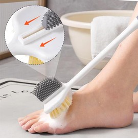13.6" Long Handle Exfoliating Body Scrubber 2-in-1 Dual Sided Bath Brush for Shower with Soft Bristles & Silicone Toe Cleaner, Back & Foot Scrubber for Dead Skin Removal Body Care
