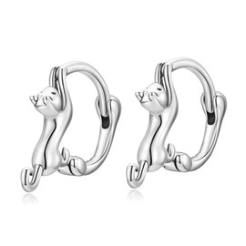 Thin Small Cute Cat Huggie Hoop Earrings 925 Sterling Silver Mini Earrings for Women Playful Cat Lovers Animal Unique Cool Earrings Lightweight Cartilage Hoop Earrings Cuffs Earrings