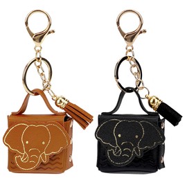 BUNCHBRAVO 2 Pack Mini Bag Keychain - Cute Elephant Print, Vegan Leather Purse Charm with Tassel, Small Coin Pouch for Women (Black & Brown)