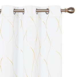 Deconovo Gold Wave Print Blackout Curtains for Bedroom, Thermal Insulated Curtains for Living Room, Room Darkening Drapes (Pure White/Wave, 42x84 Inch, 2 Panels)