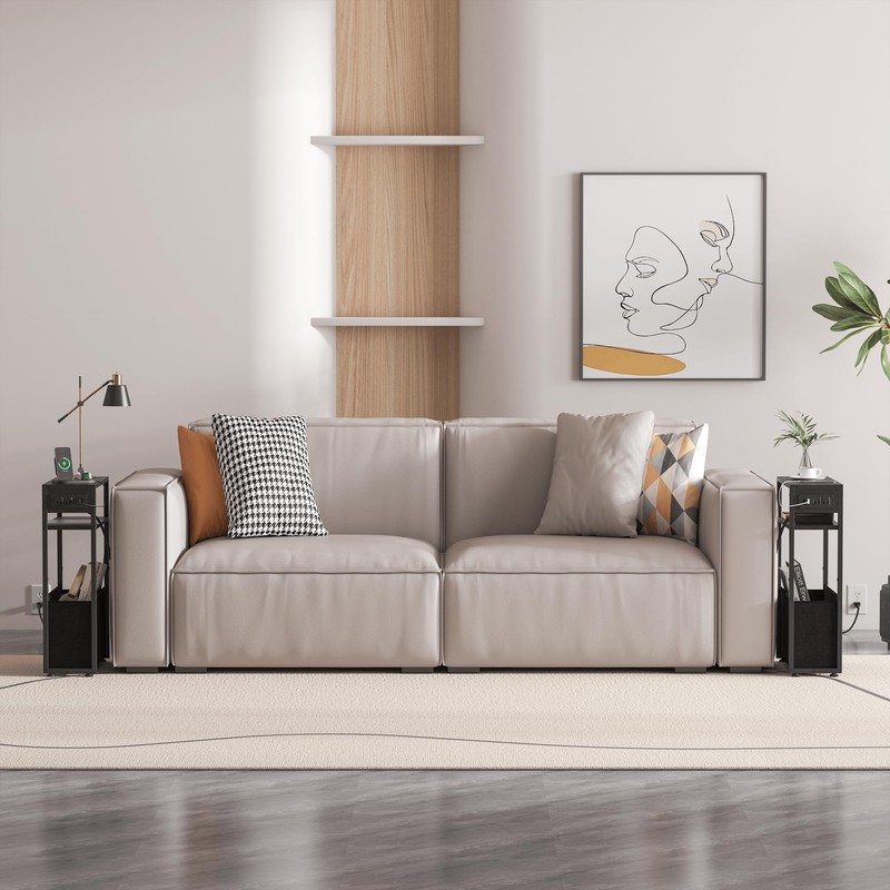 Narrow Side Table with Charging Station, Slim End Tables with