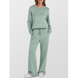 ANRABESS Women's 2 Piece Lounge Sets Casual Travel Outfits Wide Leg Tracksuit Sweatsuits Matching Set 2025 Fall Clothes Green Medium