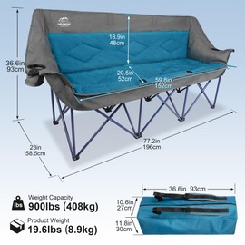 LANMOUNTAIN 3 Person Camping Chairs,Supports 900Lbs,Oversized Loveseat Camp Chair w/Cup Holder,Wine Glasses Holder,Heavy Duty Extra Large Outdoor Folding Sofa Perfect for Family Picnic,Parties,Garden