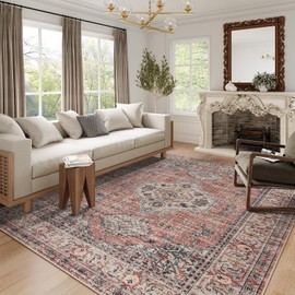 Lahome Oriental Washable Rugs 8x10, Non-Slip Soft Bedroom Rugs Stain Resistant, Ultra-Thin 8x10 Rugs for Living Room Vintage Rug Accent Carpet for Dining Room Office(8x10ft,Peach/Orange)