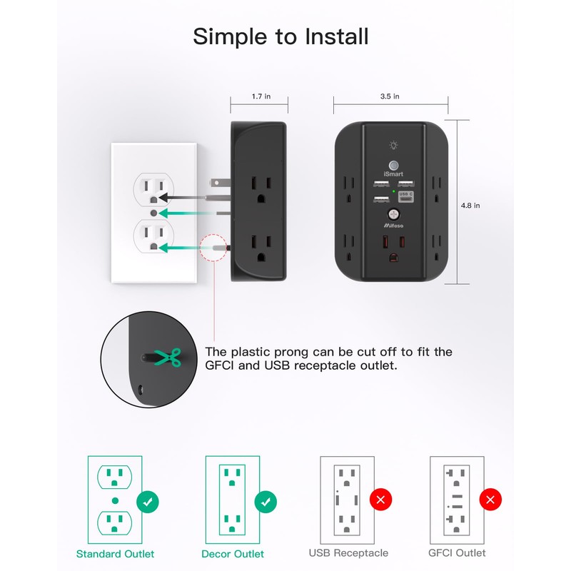 Wall Outlet Extender with Shelf and Night Light,Surge Protector,USB Wall