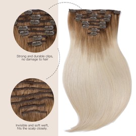 Clip in Hair Extensions Real Human Hair，Natural Human Hair Extensions，Ash Brown to Platinum Blonde Hair Extensions for Women 16 Inch 7pcs/120g