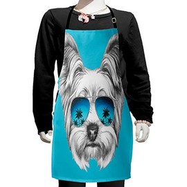 Ambesonne Yorkie Apron, Yorkshire Terrier Portrait with Cool Mirror Sunglasses Hand Drawn Animal Art, Small Apron Bib with Adjustable Ties for Baking Painting, Small Size, Blue White