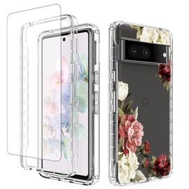 Yodueiv for Pixel 7/Google 7 Case with Tempered Glass Screen Protector, Full-Body Cute Clear Floral Pattern Protective Phone Cover Case for Google Pixel 7 (Flower)